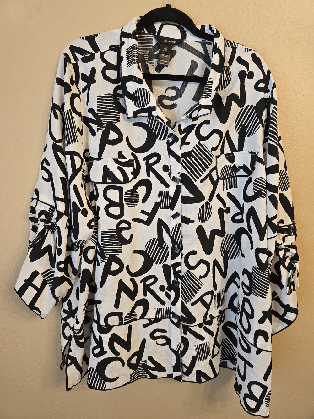 Ali Miles Black & White Boho Graphic Button-Down Shirt Plus Size 3X